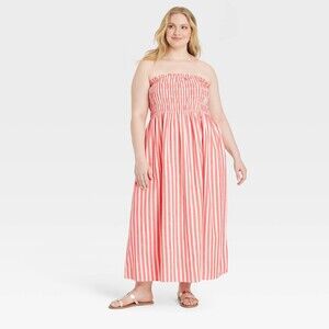 Midi A-Line Dress - Coral Red Striped 3X